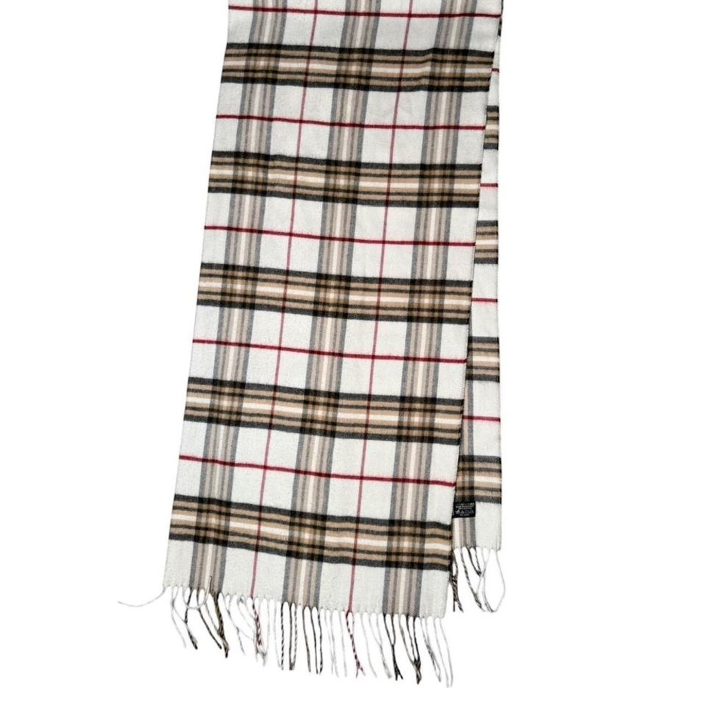 Vintage V Fraas‎ cashmink Classic tartan plaid scarf white brown acrylic preppy